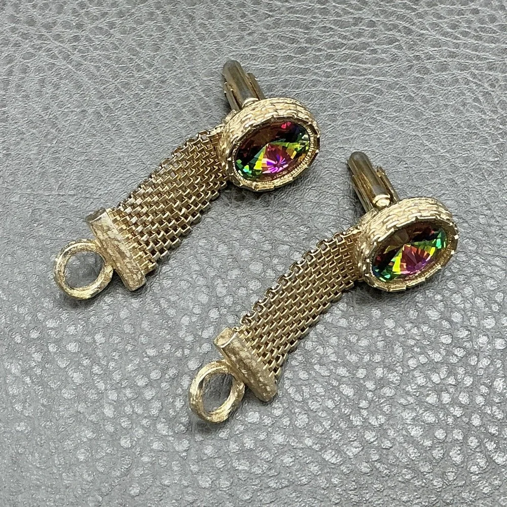 Vintage Dante Cufflinks Mens Gold Tone Mesh Multicolor Glass Round Retro Jewelry